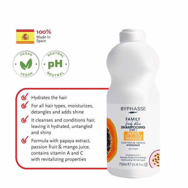 BYPHASSE Family Delice Shampoo 2 In 1 Papaya, Passion Fruit & Mango Moist - All Hair Vegan